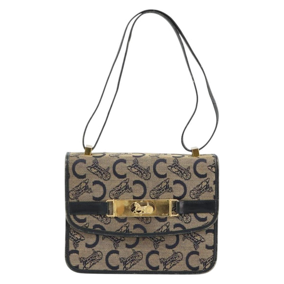 CELINE C Sulky Horse Carriage Shoulder Bag Canvas Navy Gold Auth 184574