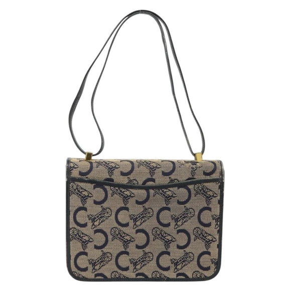 CELINE C Sulky Horse Carriage Shoulder Bag Canvas Navy Gold Auth 184574
