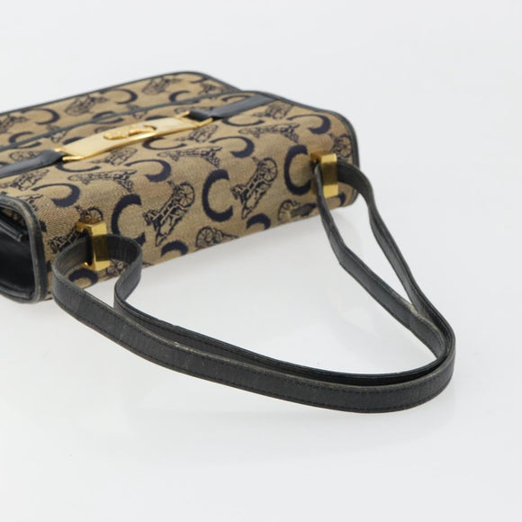 CELINE C Sulky Horse Carriage Shoulder Bag Canvas Navy Gold Auth 184574