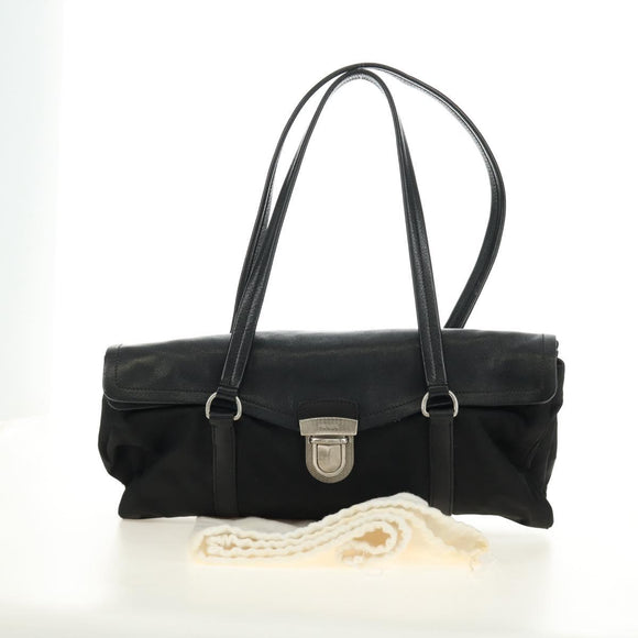 PRADA Shoulder Bag Nylon Leather Black Silver Auth 184579V