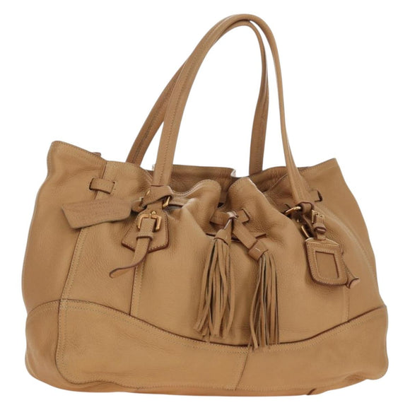 PRADA Tote Bag Leather Beige Gold Auth 184582V