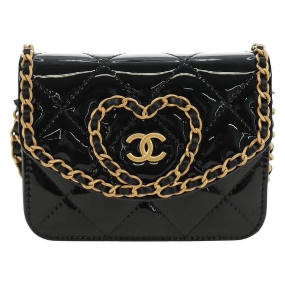 CHANEL Matelasse Chain Shoulder Bag Patent leather Black Gold CC Auth 184590SAM