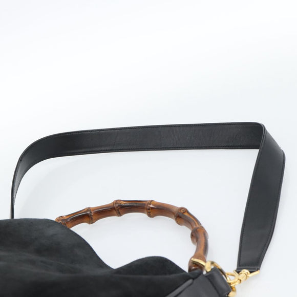 GUCCI Bamboo Shoulder Bag Suede 2way Black Gold 001 1577 2615 Auth 184617