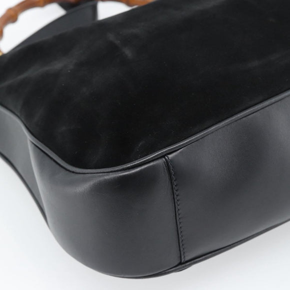 GUCCI Bamboo Shoulder Bag Suede 2way Black Gold 001 1577 2615 Auth 184617