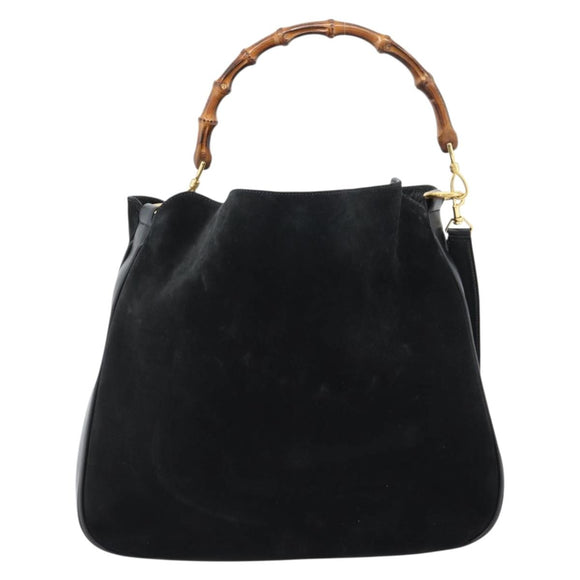 GUCCI Bamboo Shoulder Bag Suede 2way Black Gold 001 1577 2615 Auth 184617