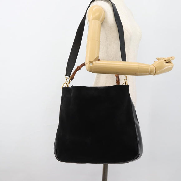 GUCCI Bamboo Shoulder Bag Suede 2way Black Gold 001 1577 2615 Auth 184617