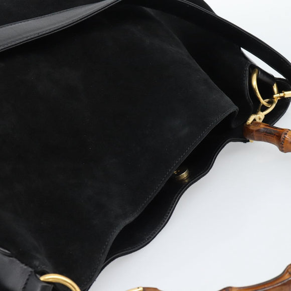 GUCCI Bamboo Shoulder Bag Suede 2way Black Gold 001 1577 2615 Auth 184617