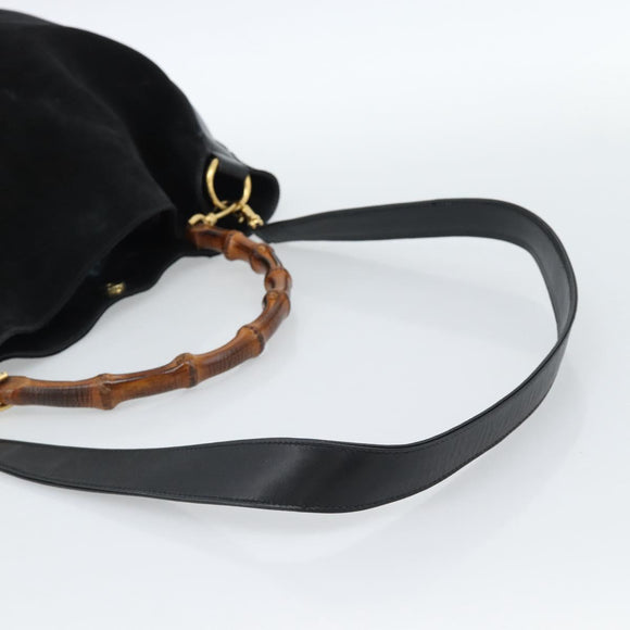 GUCCI Bamboo Shoulder Bag Suede 2way Black Gold 001 1577 2615 Auth 184617