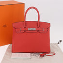 HERMES Birkin 30 Hand Bag Taurillon Leather Red Silver Auth 184651SAM-12