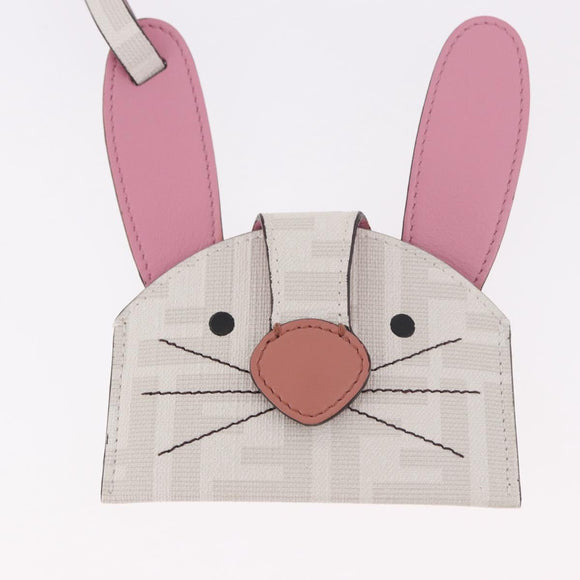 FENDI Zucca Canvas Best Friends Forever Rabbit Card Case White Gold Auth 184654M