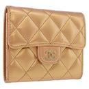 CHANEL Matelasse Compact Wallet Lamb Skin Gold CC Auth 184655M-1