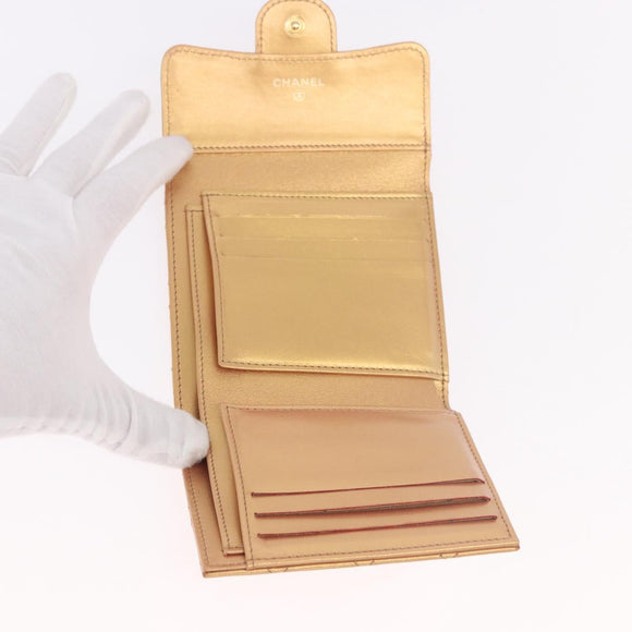 CHANEL Matelasse Compact Wallet Lamb Skin Gold CC Auth 184655M