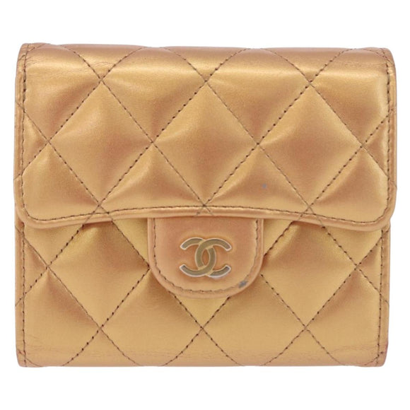 CHANEL Matelasse Compact Wallet Lamb Skin Gold CC Auth 184655M