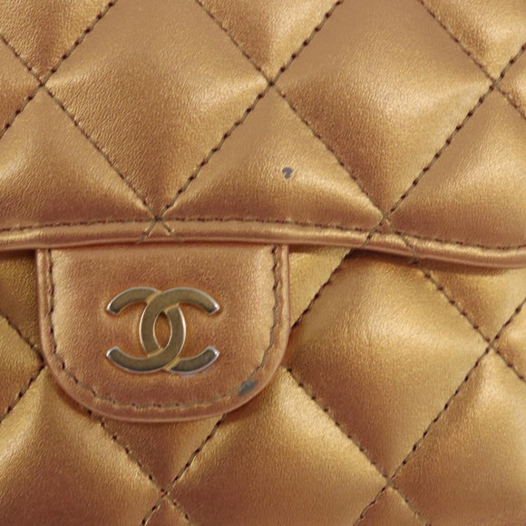 CHANEL Matelasse Compact Wallet Lamb Skin Gold CC Auth 184655M