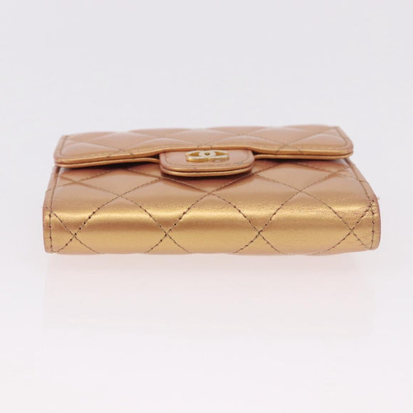 CHANEL Matelasse Compact Wallet Lamb Skin Gold CC Auth 184655M