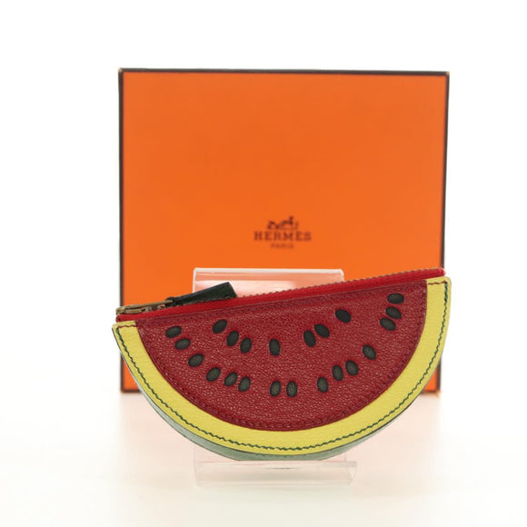 HERMES Watermelon Coin Purse Leather Red Auth 184685M