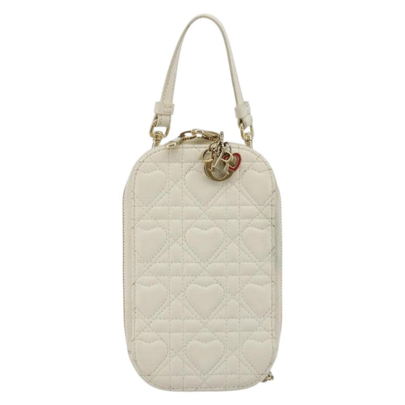 Christian Dior Heart Cannage Chain Shoulder Phone Leather White Auth 184688A