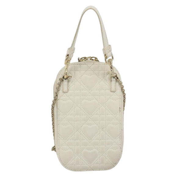 Christian Dior Heart Cannage Chain Shoulder Phone Leather White Auth 184688A