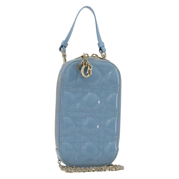 Christian Dior Cannage Phone Case Bag Patent leather Light Blue Auth 184689A