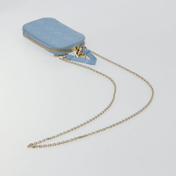 Christian Dior Cannage Phone Case Bag Patent leather Light Blue Auth 184689A