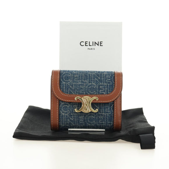 CELINE Triomphe Wallet Denim Blue Gold Auth 184693M