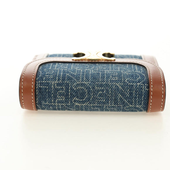 CELINE Triomphe Wallet Denim Blue Gold Auth 184693M
