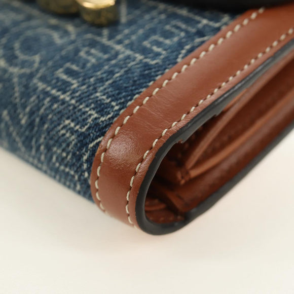 CELINE Triomphe Wallet Denim Blue Gold Auth 184693M