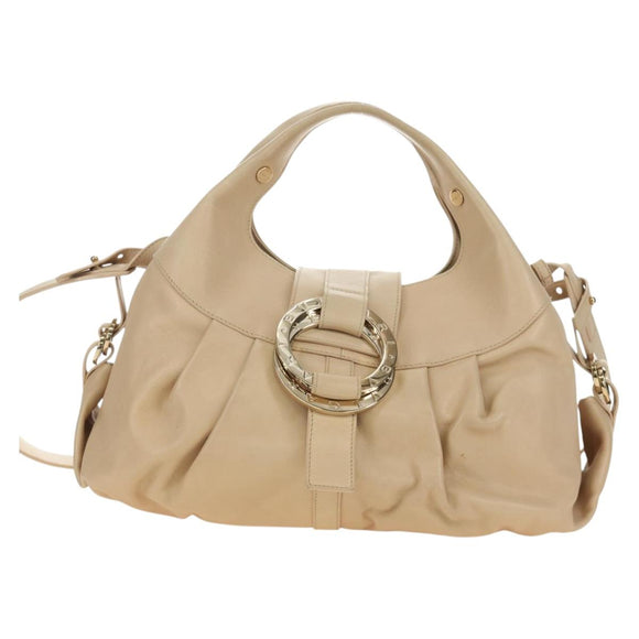 BVLGARI Chandra Hand Bag Leather 2way Beige Gold Auth 184697A