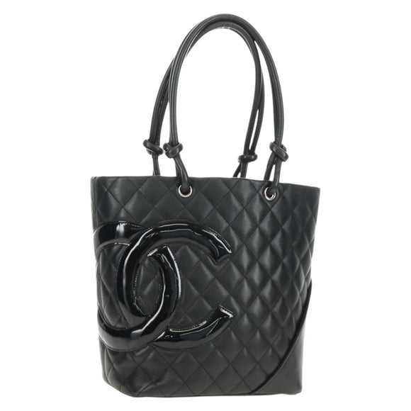 CHANEL Cambon Line Tote Bag Leder Schwarz Silber CC Auth 184706SAV