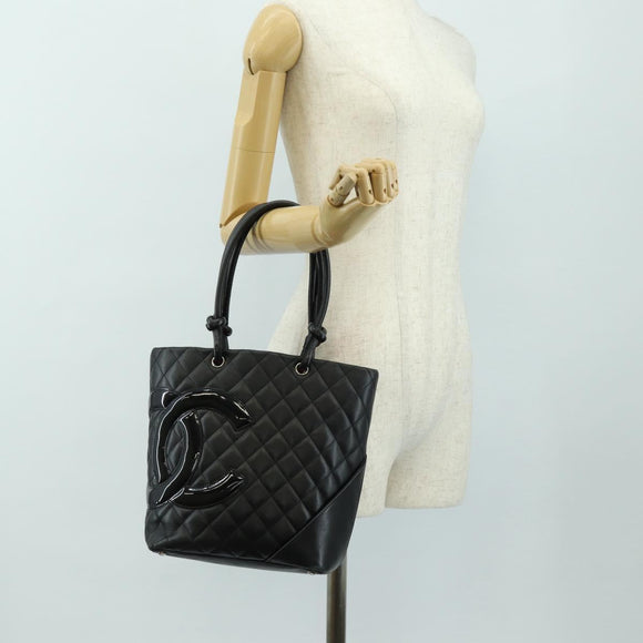 CHANEL Cambon Line Tote Bag Leder Schwarz Silber CC Auth 184706SAV