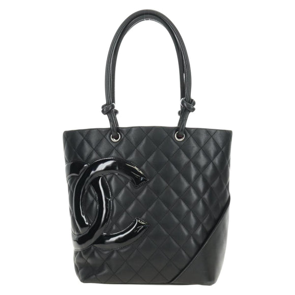 CHANEL Cambon Line Tote Bag Leder Schwarz Silber CC Auth 184706SAV