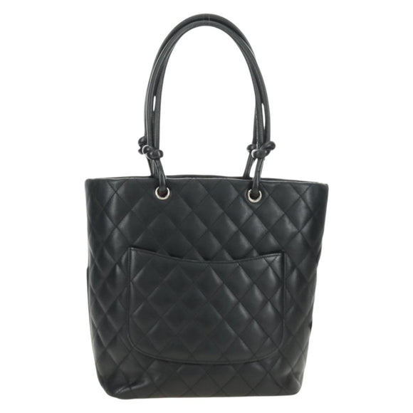 CHANEL Cambon Line Tote Bag Leather Black Silver CC Auth 184706SAV
