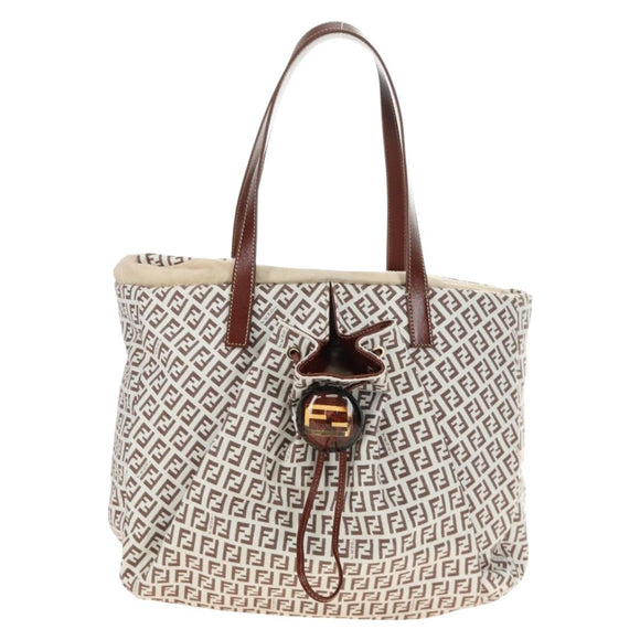 FENDI Zucchino Canvas Tote Bag White Gold Auth 184707V