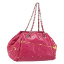 CHANEL Chain Tote Bag Gecoat Canvas Roze Zilveren CC Auth 184710-1