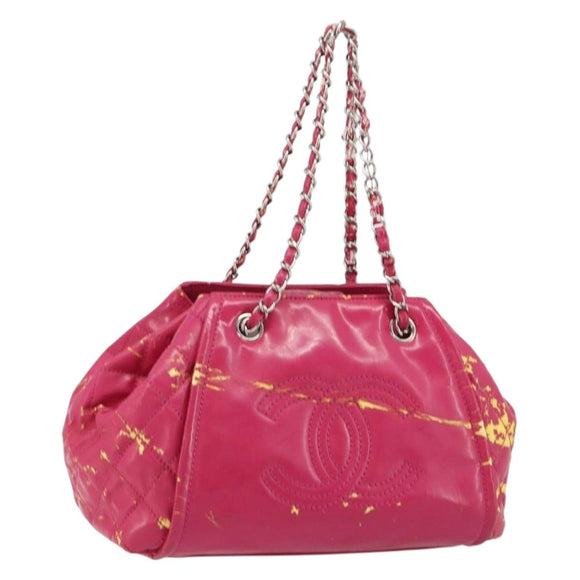 CHANEL Chain Tote Bag Gecoat Canvas Roze Zilveren CC Auth 184710