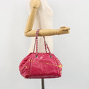 CHANEL Chain Tote Bag Gecoat Canvas Roze Zilveren CC Auth 184710-22