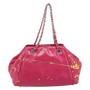 CHANEL Chain Tote Bag Gecoat Canvas Roze Zilveren CC Auth 184710-13