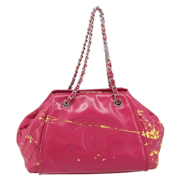 CHANEL Chain Tote Bag Gecoat Canvas Roze Zilveren CC Auth 184710
