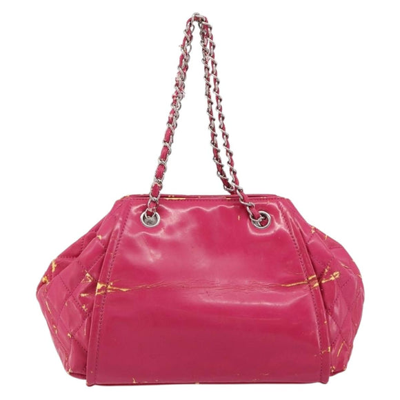 CHANEL Chain Tote Bag Gecoat Canvas Roze Zilveren CC Auth 184710