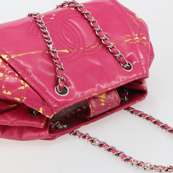 CHANEL Chain Tote Bag Gecoat Canvas Roze Zilveren CC Auth 184710