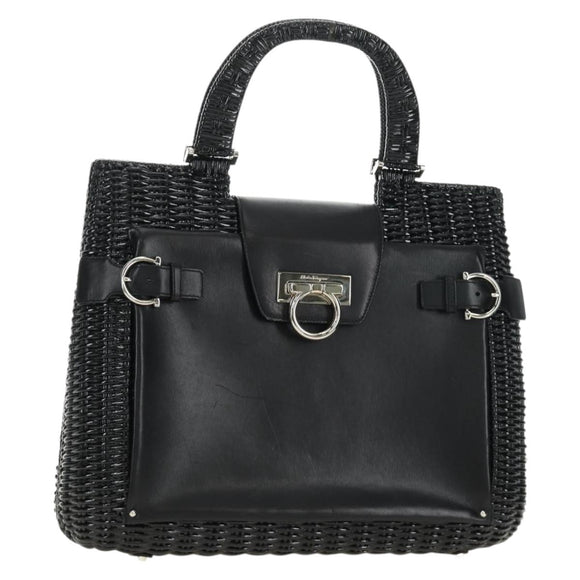 Salvatore Ferragamo Gancini Hand Bag Rattan Black Silver Auth 184711V