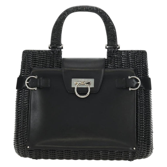 Salvatore Ferragamo Gancini Hand Bag Rattan Black Silver Auth 184711V
