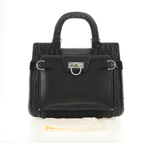 Salvatore Ferragamo Gancini Handtasche Rattan Schwarz Silber Original 184711V