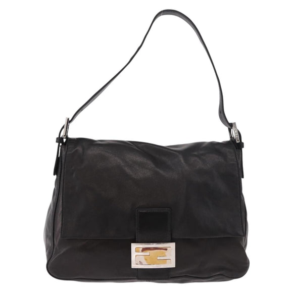 FENDI Mamma Baguette Shoulder Bag Leather Black Silver Auth 184726SAV
