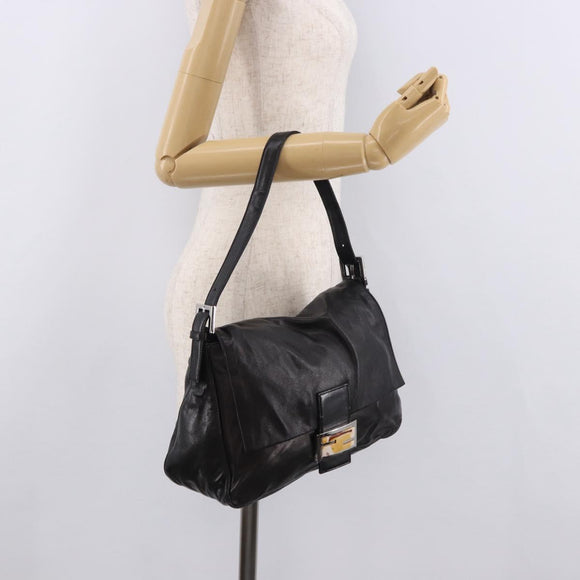 FENDI Mamma Baguette Shoulder Bag Leather Black Silver Auth 184726SAV