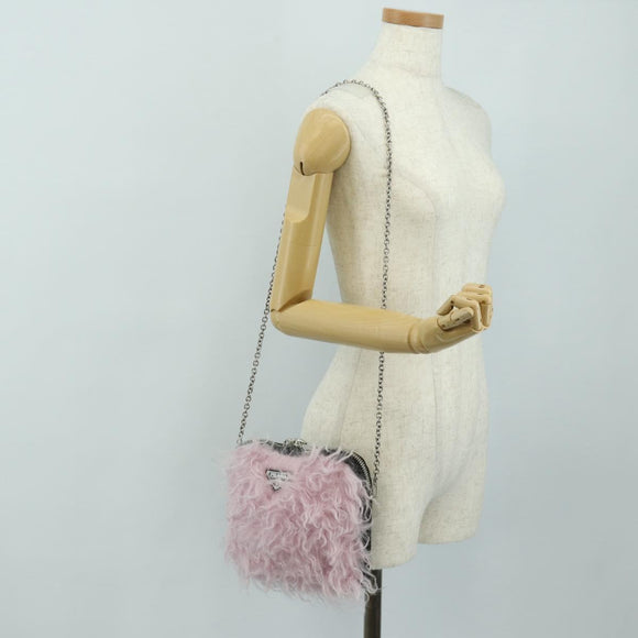 PRADA Chain Shoulder Bag Fur Pink Silver Auth 184728SAM