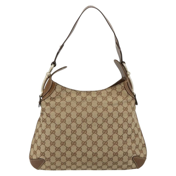 GUCCI GG Canvas Horsebit Shoulder Bag Beige Gold 145826 Auth 184733A