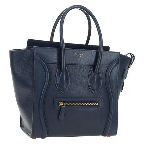 CELINE Luggage Micro Shopper Hand Bag Leather Navy Gold Auth 184734V