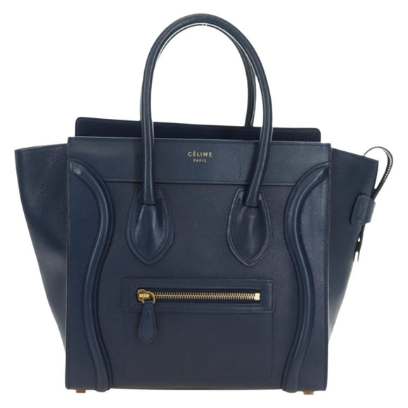 CELINE Luggage Micro Shopper Hand Bag Leather Navy Gold Auth 184734V