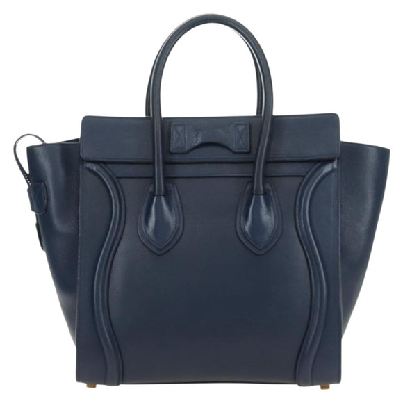 CELINE Luggage Micro Shopper Hand Bag Leather Navy Gold Auth 184734V
